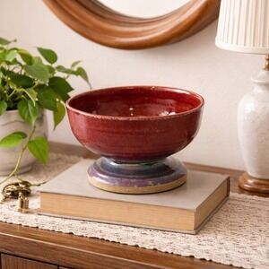 Comstock Studio Pottery Pedestal Bowl Red‎ Glaze Iridescent Wing Motif 2008 Art